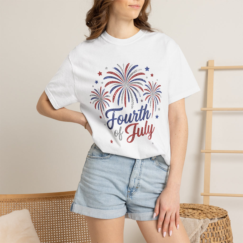 Fourth of July fireworks T-shirt | Independence Day stars and script