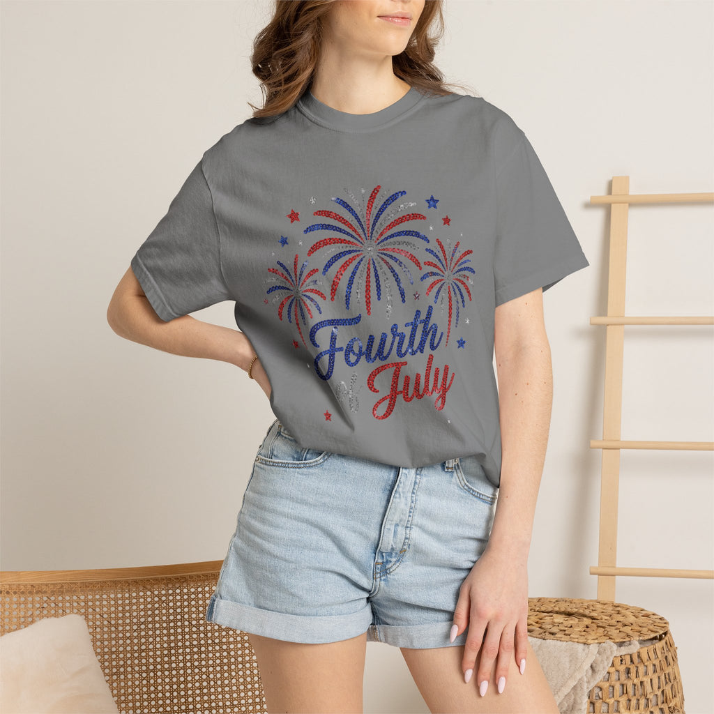 Fourth of July fireworks T-shirt | Independence Day stars and script